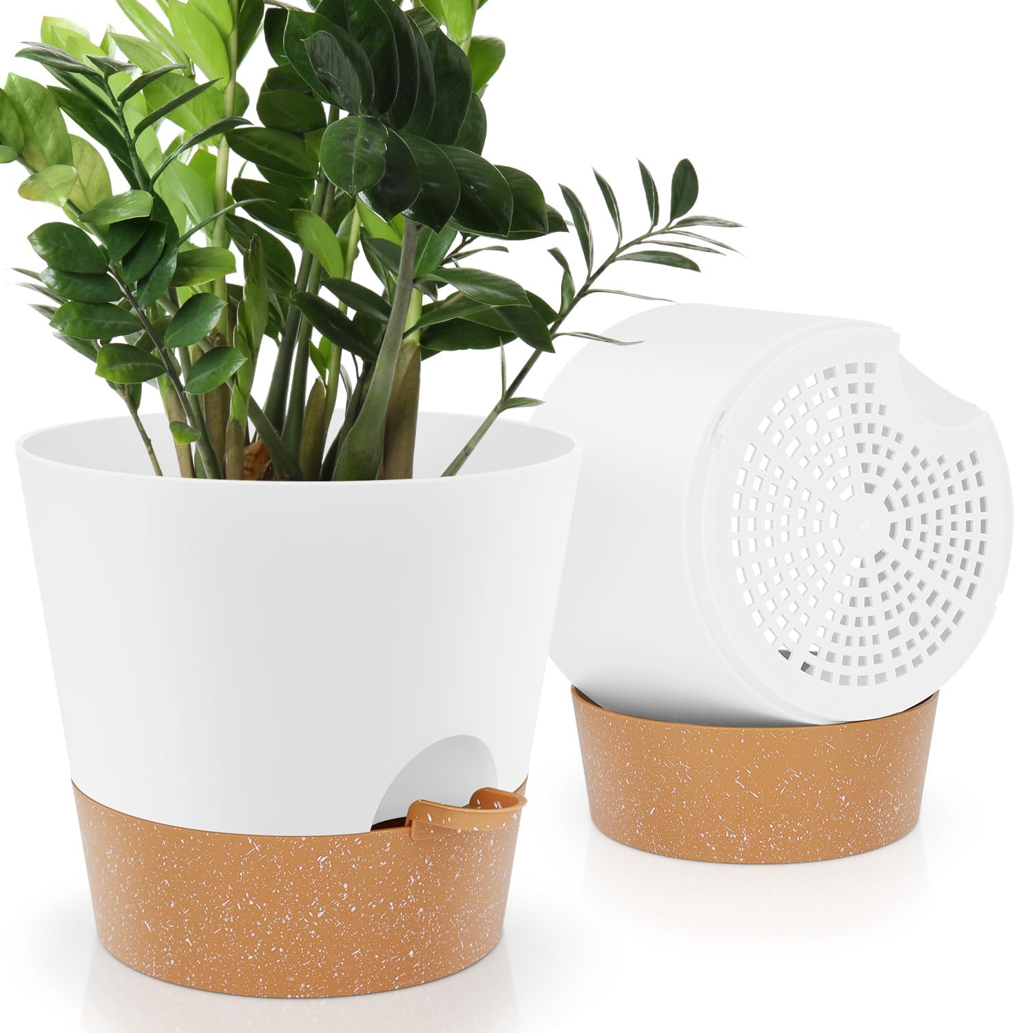 Indoor Self Watering Planters with Drainage Holes and Saucers, 8, 7, 6.5, 6, 5.5, 5 Inches, Black, 6 Pots