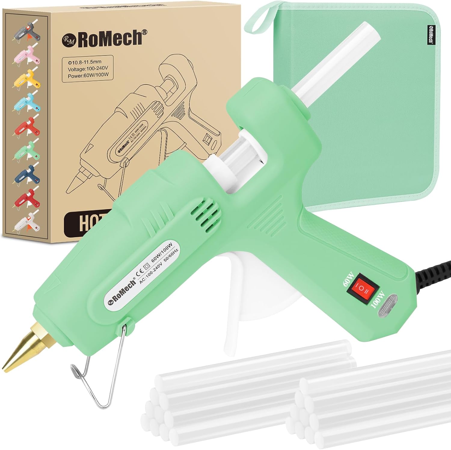 ROMECH Full Size Hot Glue Gun with 60/100W Dual Power and 21 Hot Glue Sticks (7/16"), Fast Preheating Heavy Duty Industrial Gluegun with Storage Case for Crafting, DIY and Repairs (Gray)