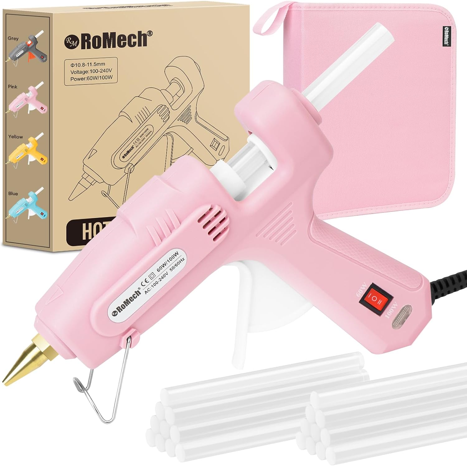 ROMECH Full Size Hot Glue Gun with 60/100W Dual Power and 21 Hot Glue Sticks (7/16"), Fast Preheating Heavy Duty Industrial Gluegun with Storage Case for Crafting, DIY and Repairs (Gray)
