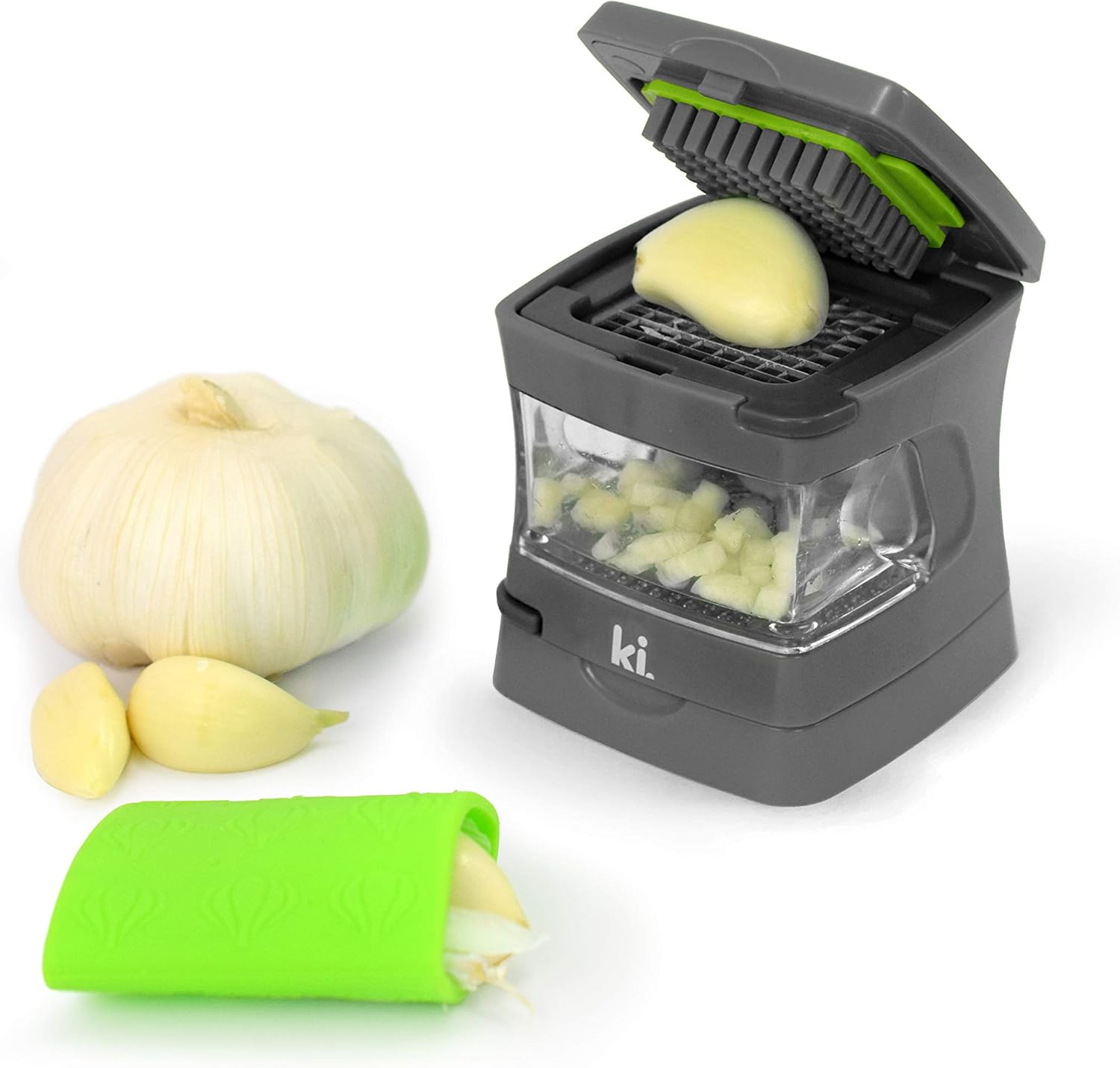 Garlic-A-Peel Garlic Press, Crusher, Cutter, Mincer, and Storage Container - Includes Silicone Garlic Peeler - Easy to Clean - Stainless Steel Blades – (Cream), standard
