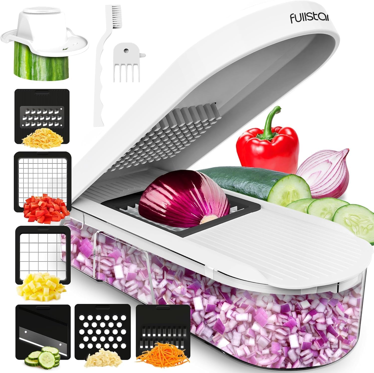 Fullstar Mandoline Slicer for Kitchen - Vegetable Chopper, Onion Potato Food Veggie Fruit Slicer and Cutter with Container, Kitchen Gadgets & Gifts, Home Essentials (All-in-1, White/Black)