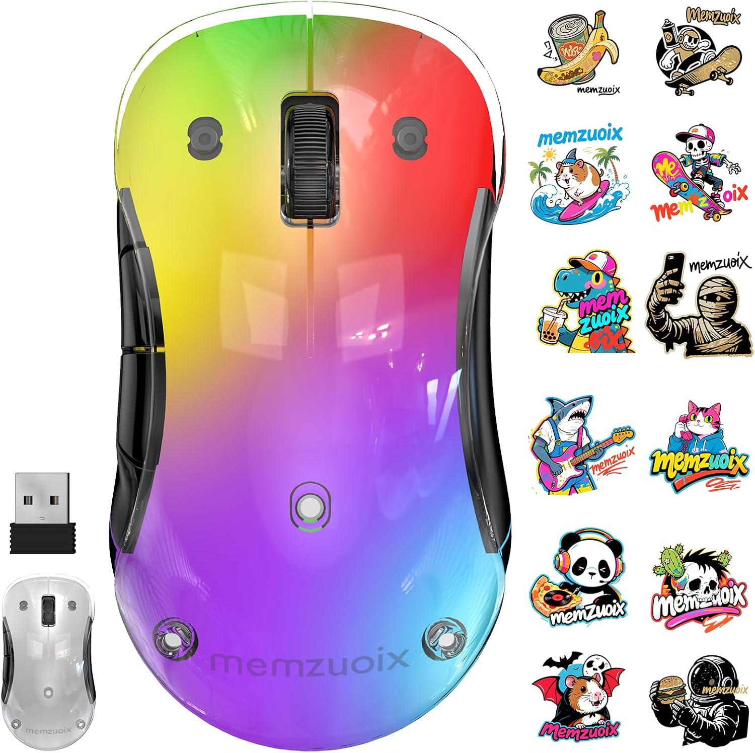 memzuoix 2.4G Aesthetic Wireless Mouse - Customizable Covers & LED Mood Lighting - Rechargeable Ergonomic Design, 5 Buttons, 1200 DPI for Office, Laptop, Mac - White