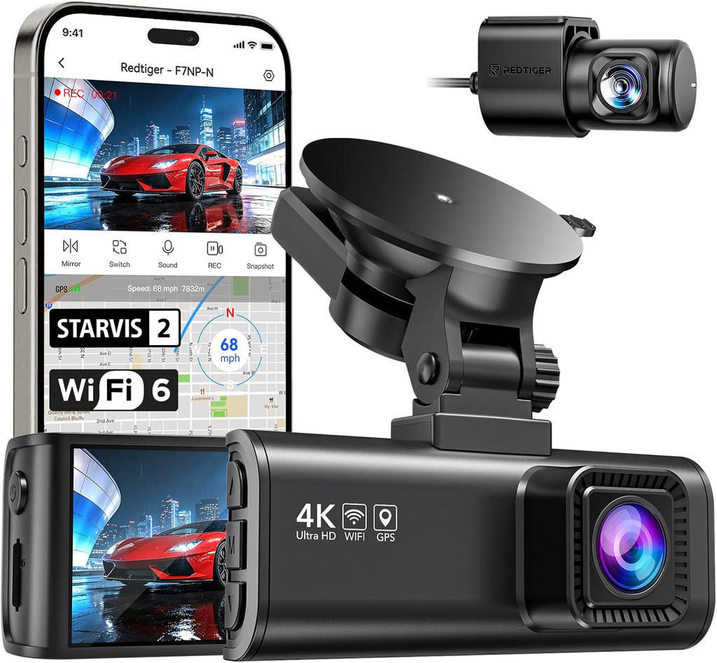 4K Front and 1080P Rear Dual Dash Cam with STARVIS 2 Sensor, 5.8GHz WiFi, GPS, and Night Vision