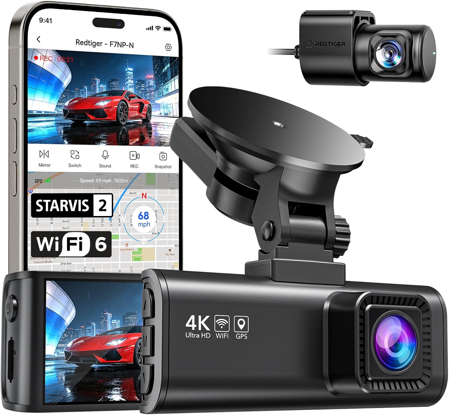4K Front and 1080P Rear Dual Dash Cam with STARVIS 2 Sensor, 5.8GHz WiFi, GPS, and Night Vision
