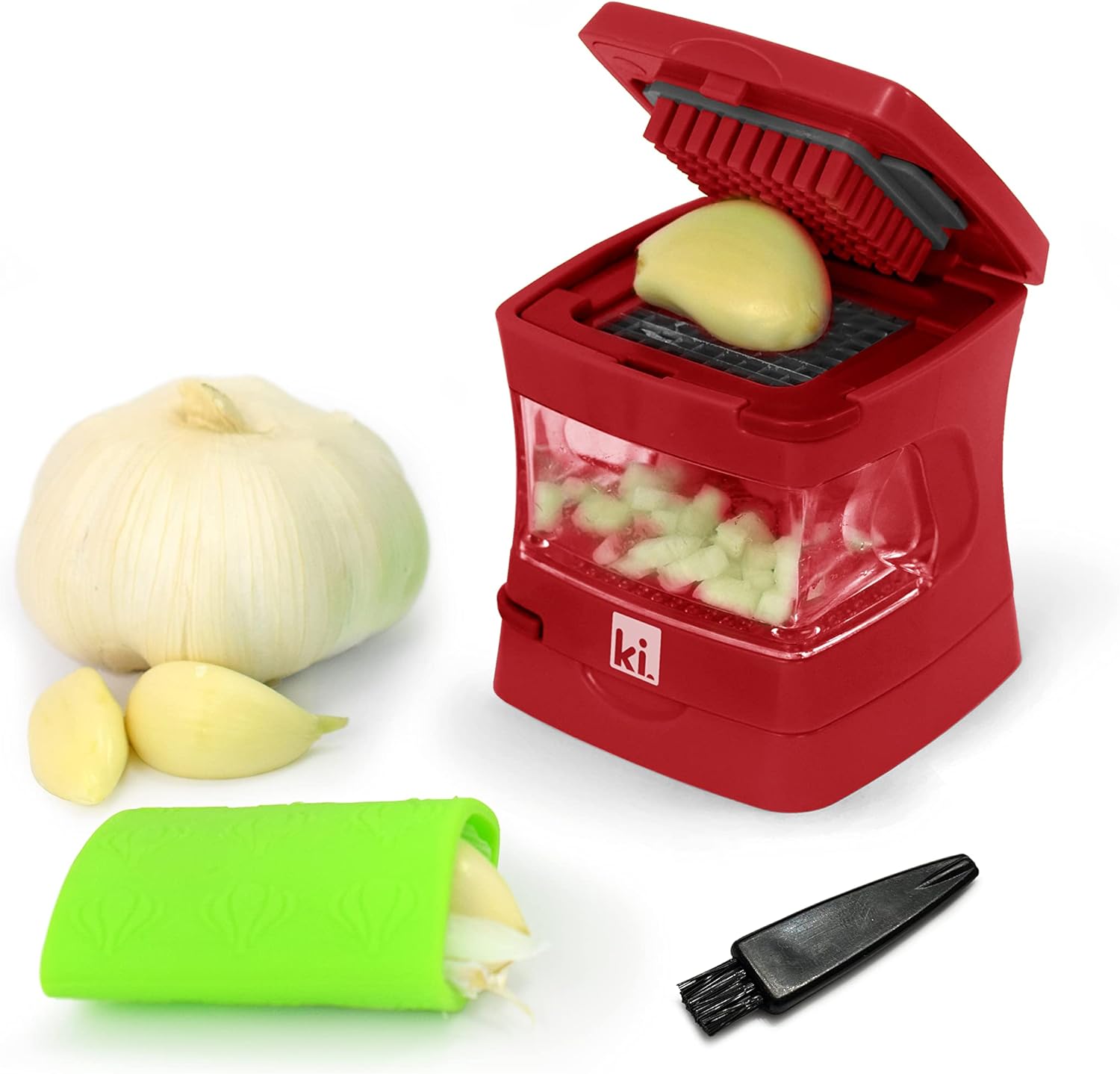 Garlic-A-Peel Garlic Press, Crusher, Cutter, Mincer, and Storage Container - Includes Silicone Garlic Peeler - Easy to Clean - Stainless Steel Blades – (Cream), standard