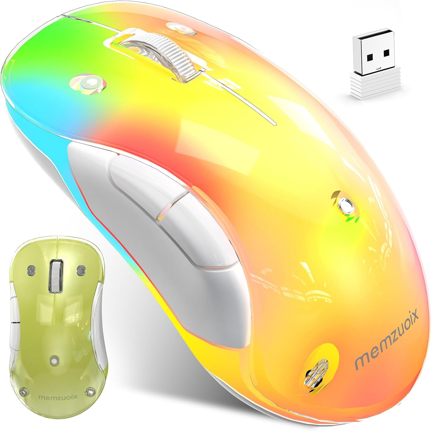 memzuoix 2.4G Aesthetic Wireless Mouse - Customizable Covers & LED Mood Lighting - Rechargeable Ergonomic Design, 5 Buttons, 1200 DPI for Office, Laptop, Mac - White