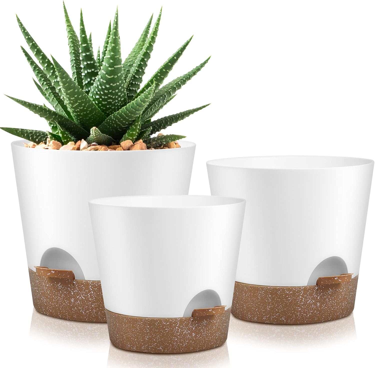 Indoor Self Watering Planters with Drainage Holes and Saucers, 8, 7, 6.5, 6, 5.5, 5 Inches, Black, 6 Pots
