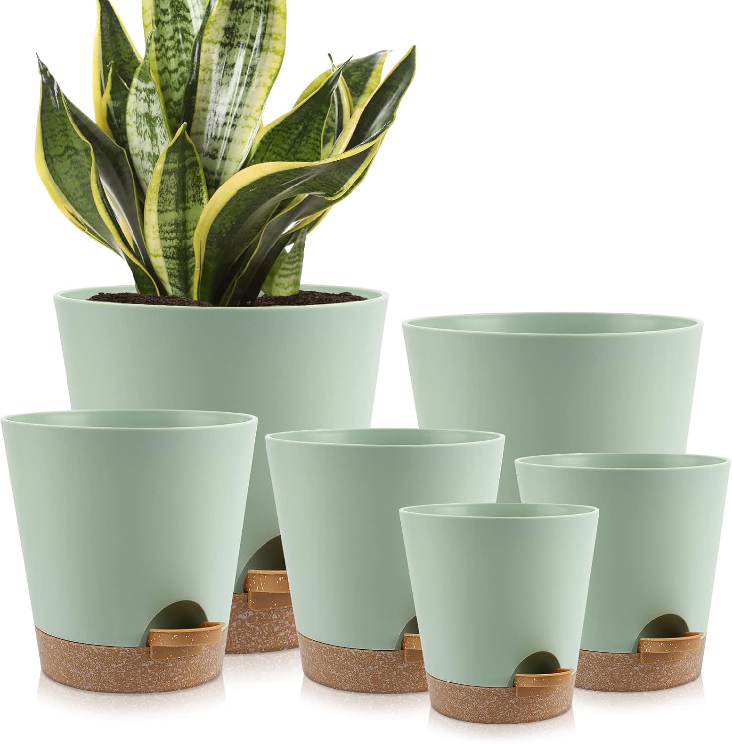 Indoor Self Watering Planters with Drainage Holes and Saucers, 8, 7, 6.5, 6, 5.5, 5 Inches, Black, 6 Pots