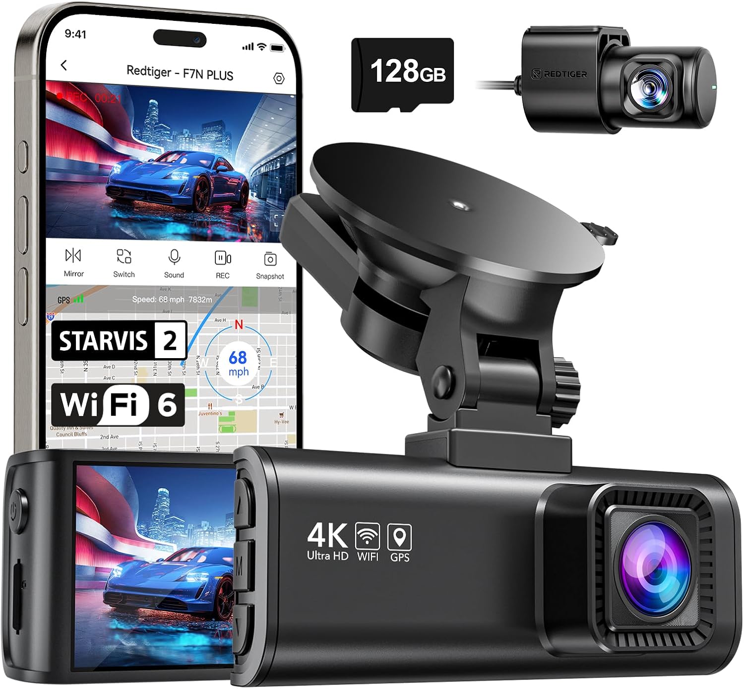 4K Front and 1080P Rear Dual Dash Cam with STARVIS 2 Sensor, 5.8GHz WiFi, GPS, and Night Vision