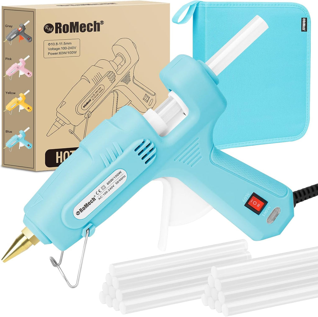 ROMECH Full Size Hot Glue Gun with 60/100W Dual Power and 21 Hot Glue Sticks (7/16"), Fast Preheating Heavy Duty Industrial Gluegun with Storage Case for Crafting, DIY and Repairs (Gray)