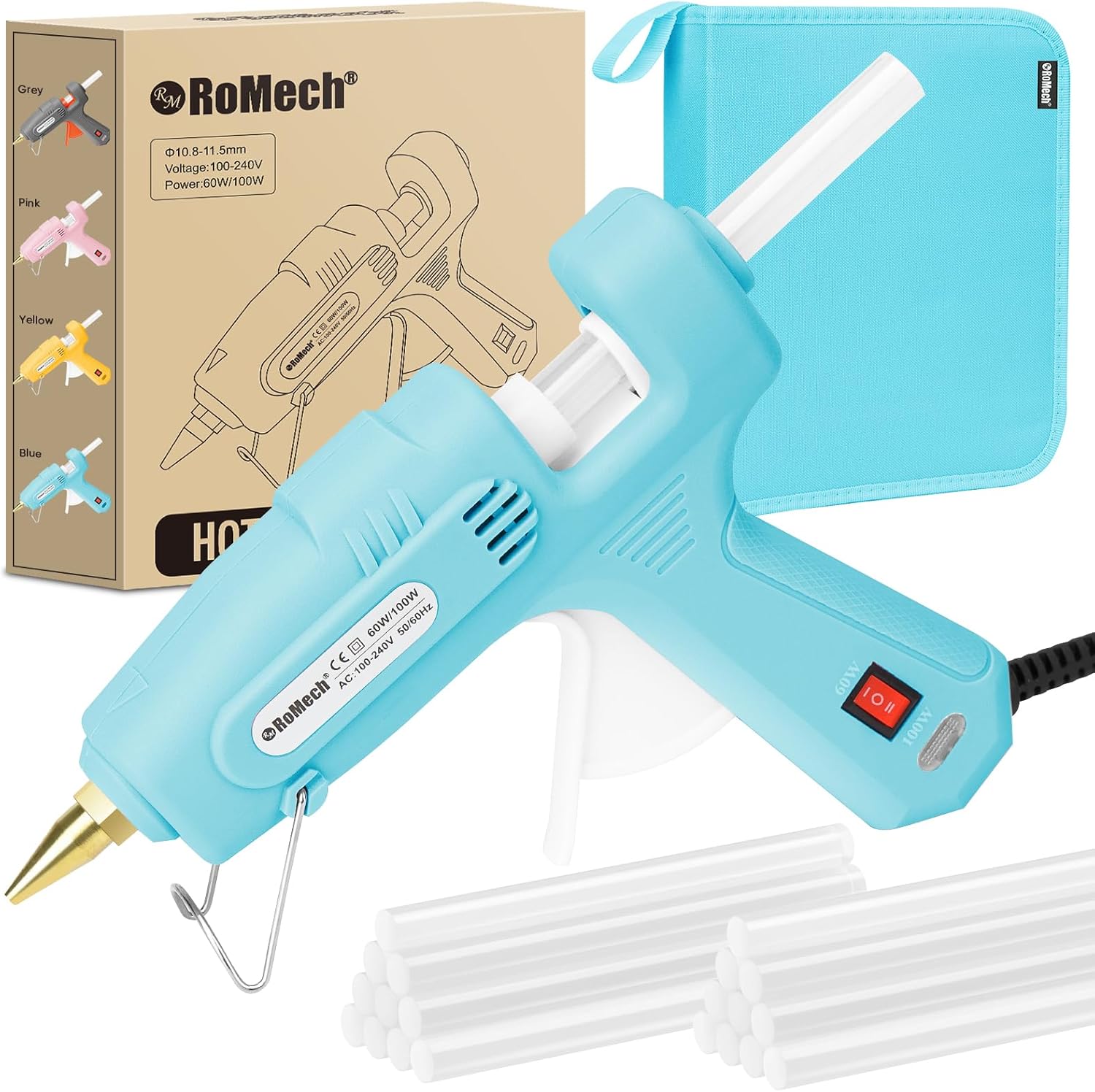 ROMECH Full Size Hot Glue Gun with 60/100W Dual Power and 21 Hot Glue Sticks (7/16"), Fast Preheating Heavy Duty Industrial Gluegun with Storage Case for Crafting, DIY and Repairs (Gray)