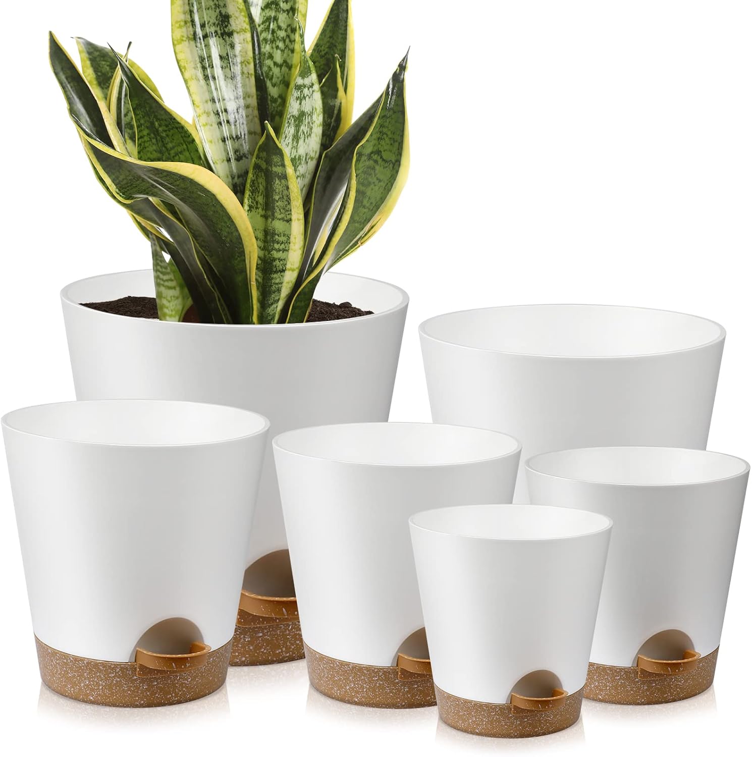 Indoor Self Watering Planters with Drainage Holes and Saucers, 8, 7, 6.5, 6, 5.5, 5 Inches, Black, 6 Pots