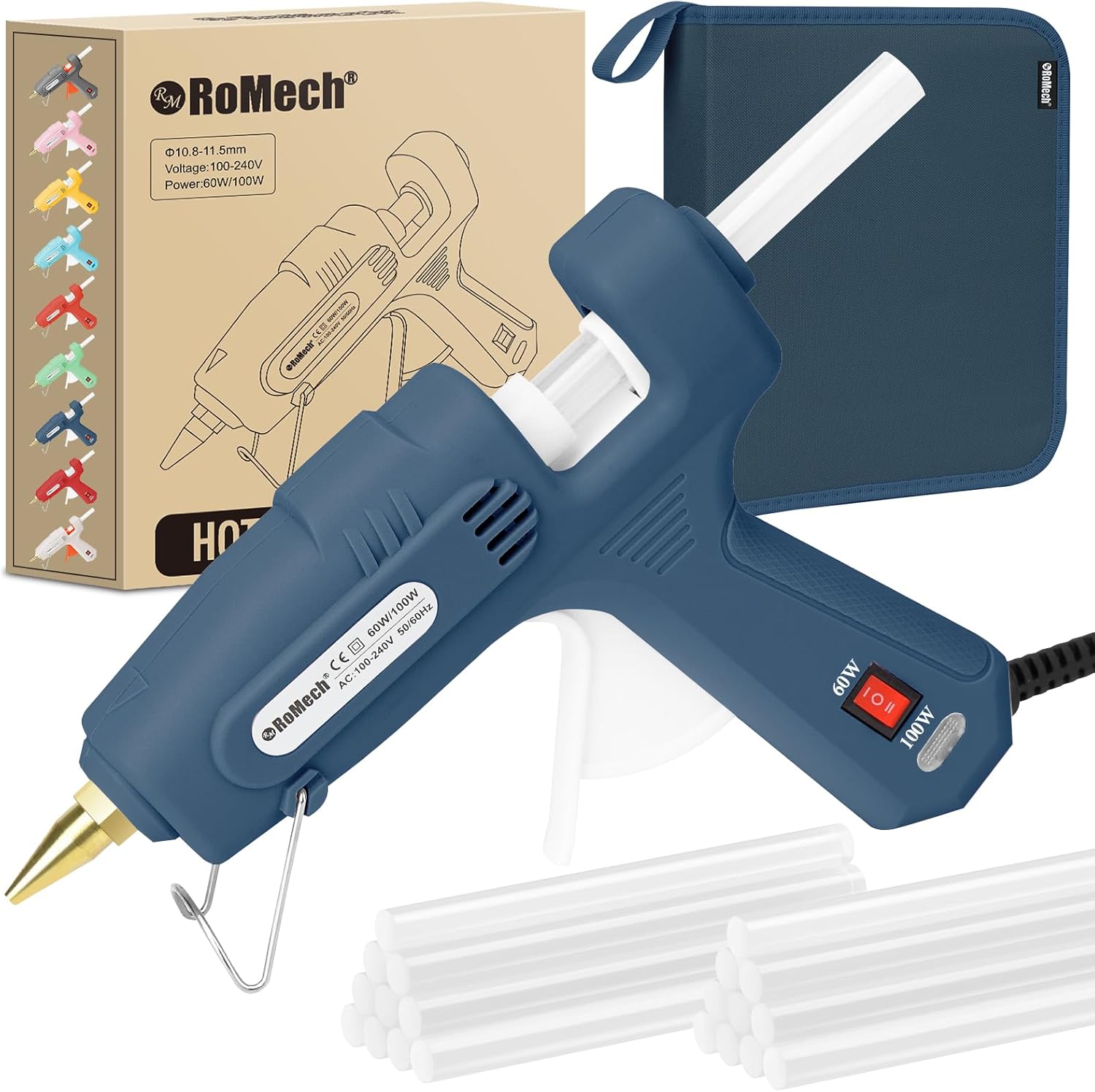 ROMECH Full Size Hot Glue Gun with 60/100W Dual Power and 21 Hot Glue Sticks (7/16"), Fast Preheating Heavy Duty Industrial Gluegun with Storage Case for Crafting, DIY and Repairs (Gray)
