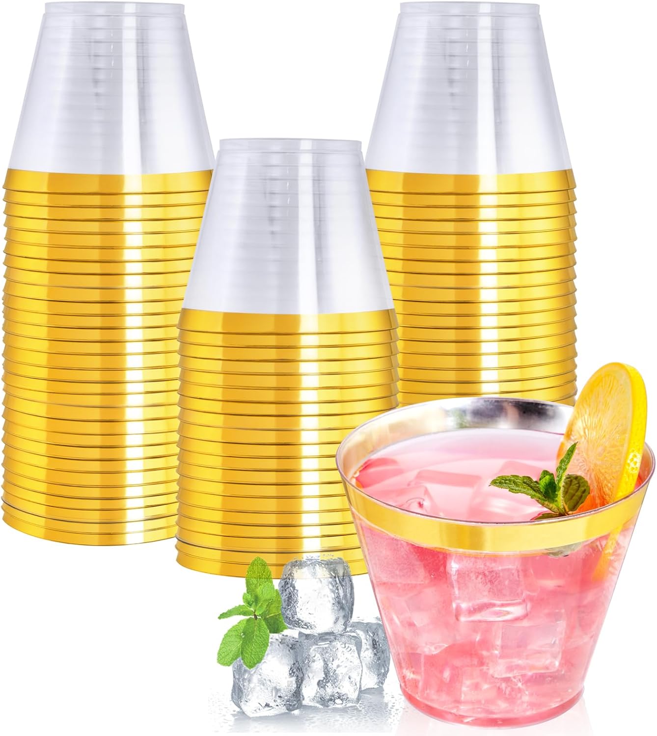 I00000 200 Pack Gold Plastic Cups, 9 Oz Elegant Clear Plastic Cups Gold Rimmed Disposable Wine Glasses Fancy Disposable Party Cup Wedding Cup Drinking Tumblers Cocktail Glasses Perfect for Party