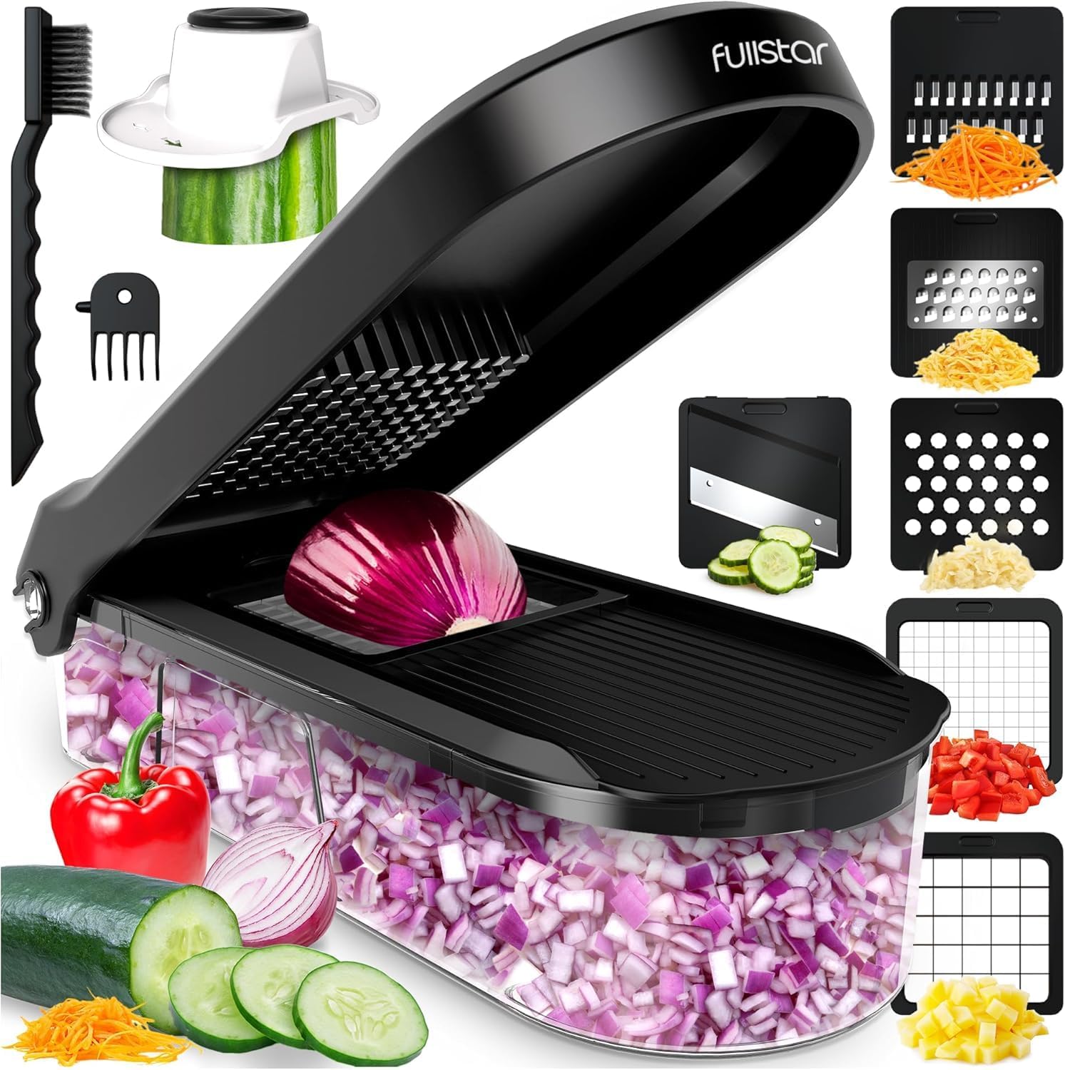 Fullstar Mandoline Slicer for Kitchen - Vegetable Chopper, Onion Potato Food Veggie Fruit Slicer and Cutter with Container, Kitchen Gadgets & Gifts, Home Essentials (All-in-1, White/Black)