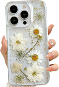 Clear Case for iPhone 17 with Pressed Real Flowers Design, Glitter White Floral Soft TPU Protective Cover