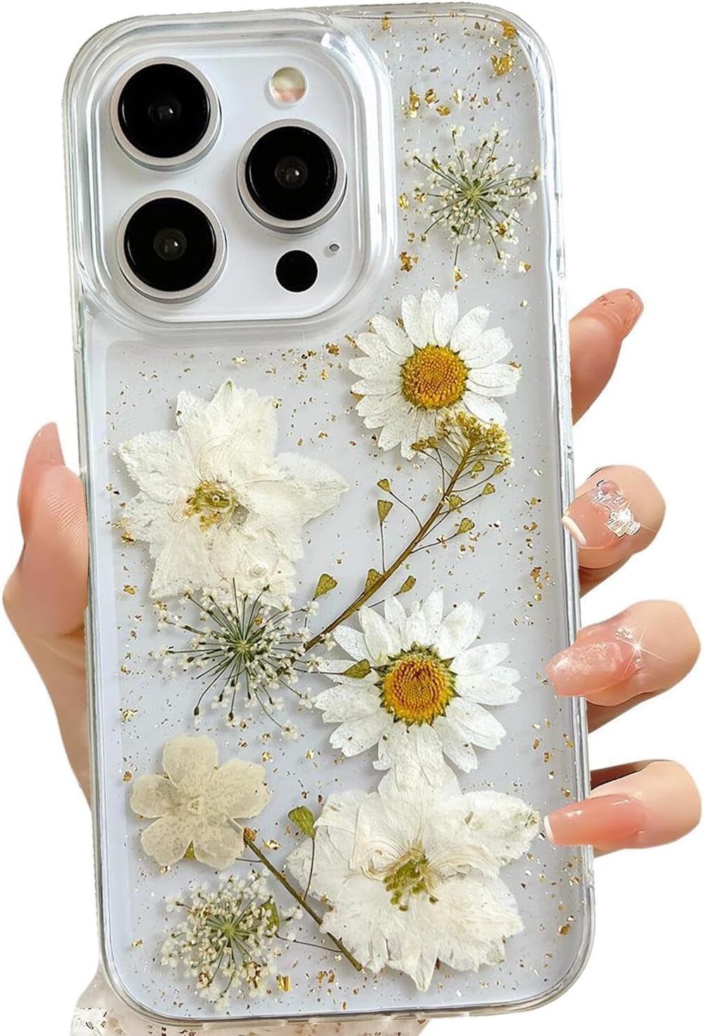 Clear Case for iPhone 17 with Pressed Real Flowers Design, Glitter White Floral Soft TPU Protective Cover