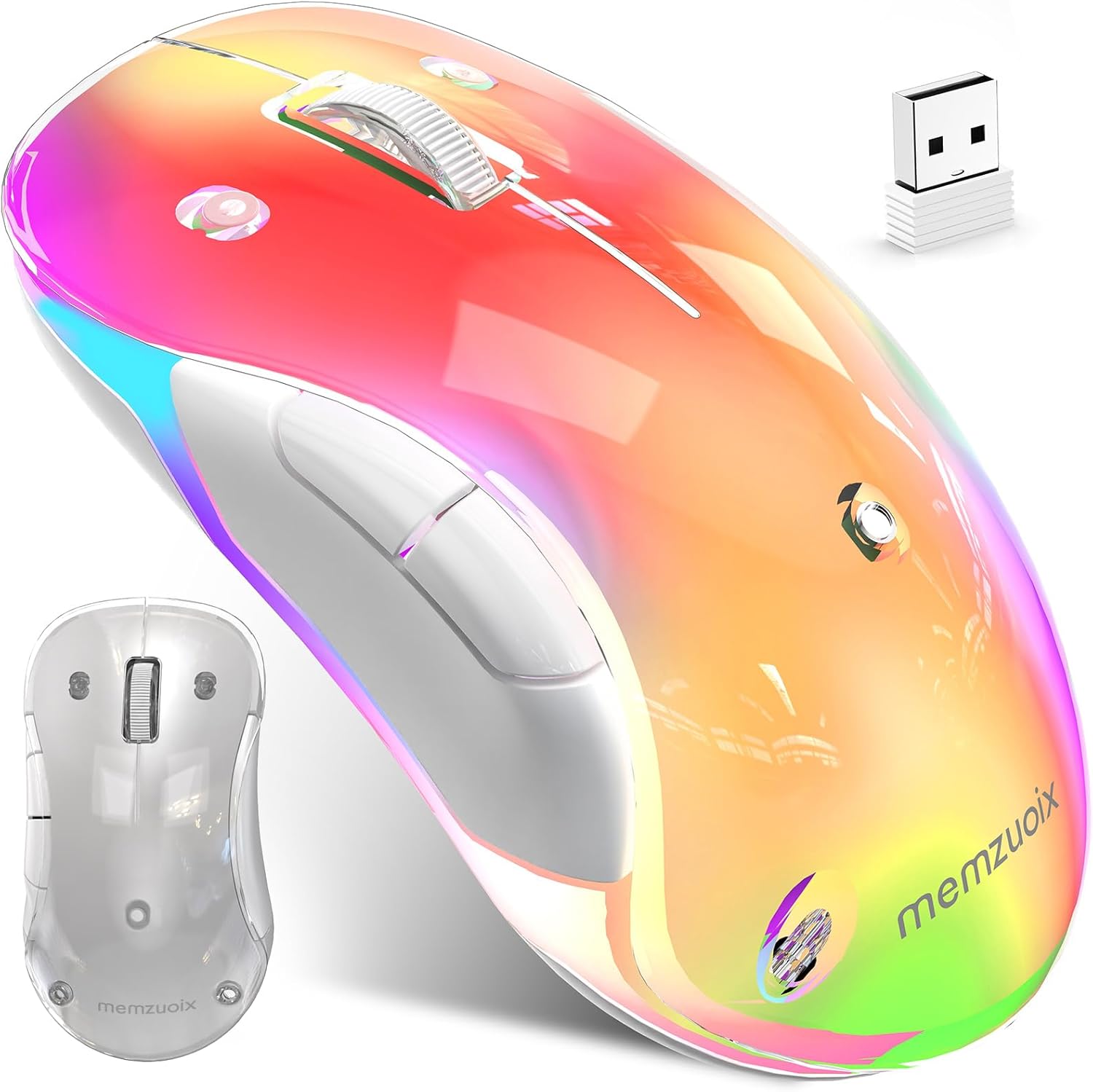 memzuoix 2.4G Aesthetic Wireless Mouse - Customizable Covers & LED Mood Lighting - Rechargeable Ergonomic Design, 5 Buttons, 1200 DPI for Office, Laptop, Mac - White