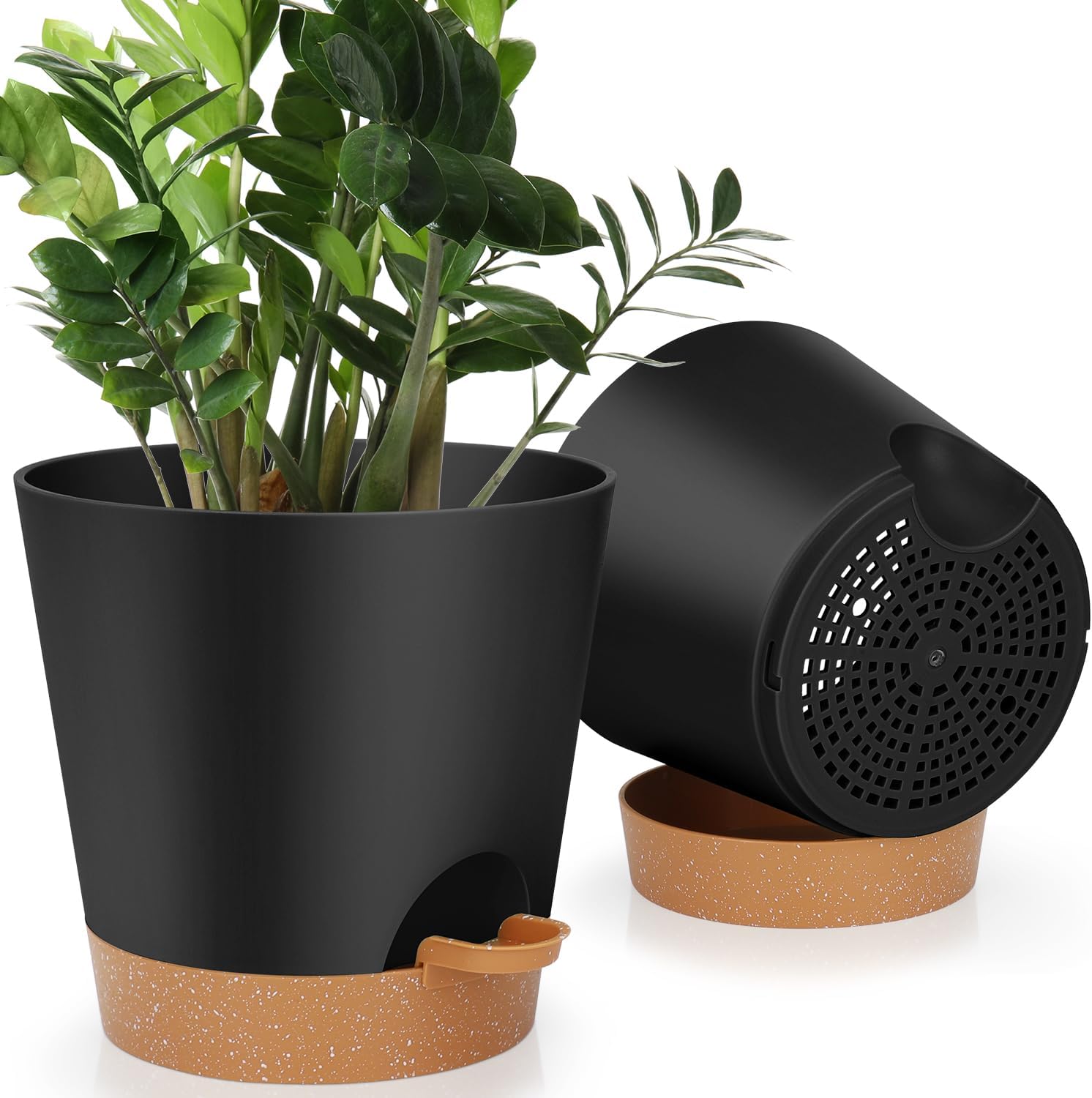 Indoor Self Watering Planters with Drainage Holes and Saucers, 8, 7, 6.5, 6, 5.5, 5 Inches, Black, 6 Pots