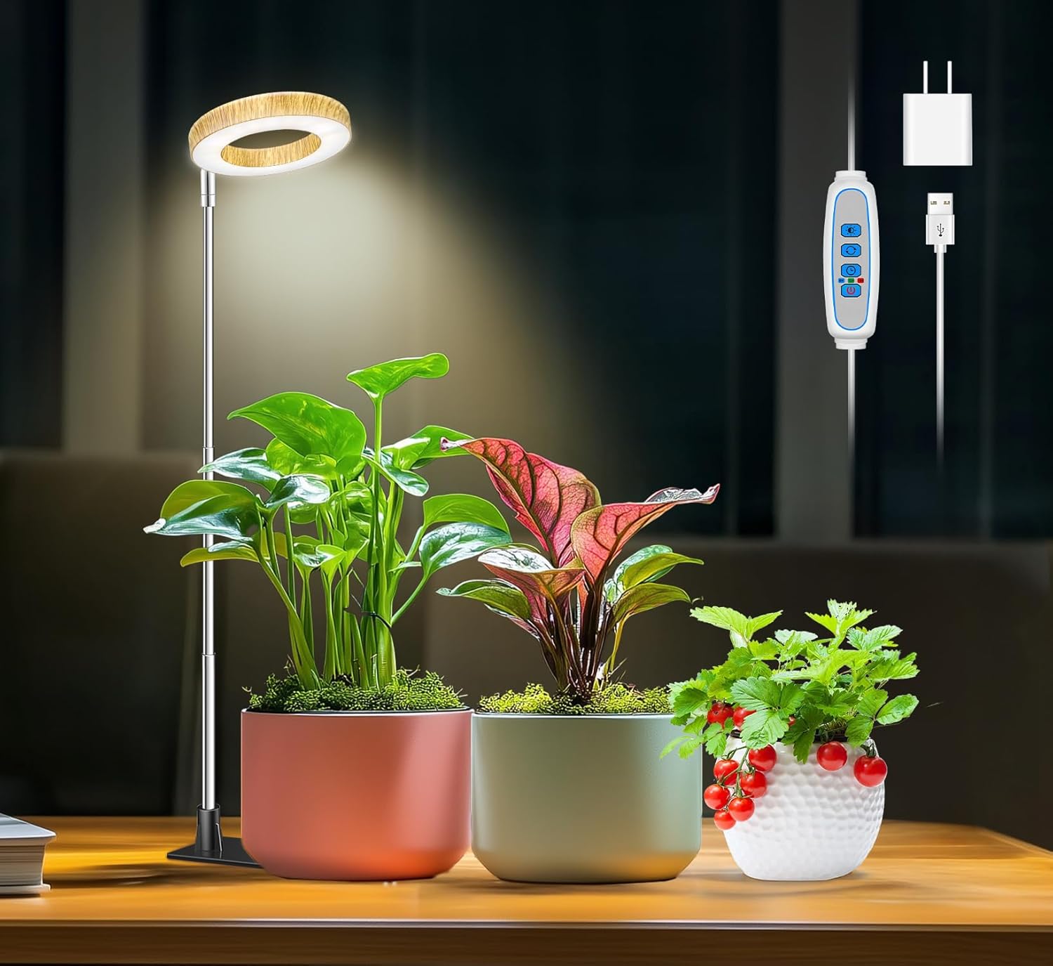Plant Grow Light, 48 LEDs Full Spectrum Grow Lights for Indoor Plants, Height Adjustable Small Halo Grow Light with Base, 3 Optional Spectrums, Auto Timer 3/9/12Hrs, 10 Brightness, 3 Pack