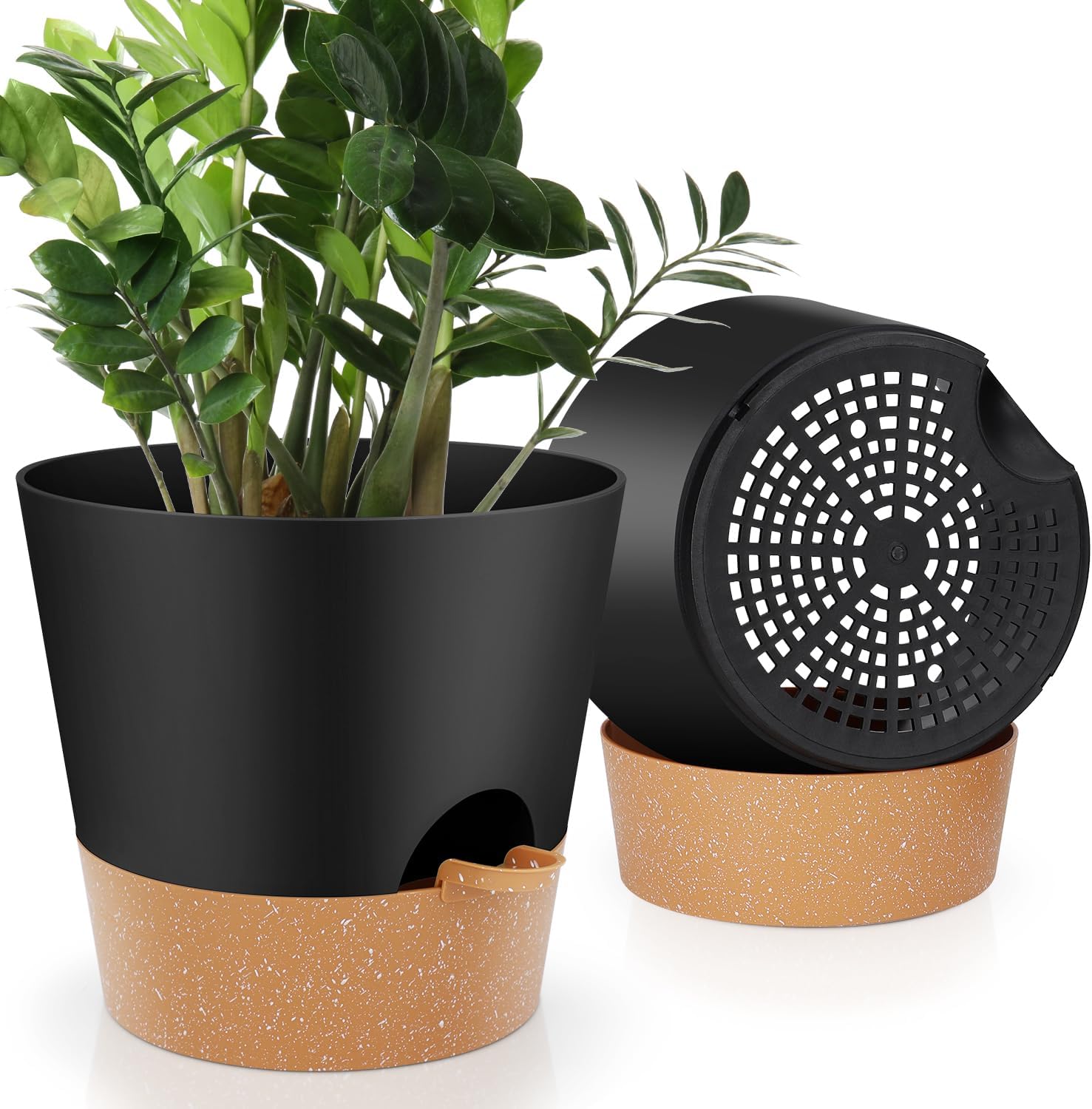 Indoor Self Watering Planters with Drainage Holes and Saucers, 8, 7, 6.5, 6, 5.5, 5 Inches, Black, 6 Pots