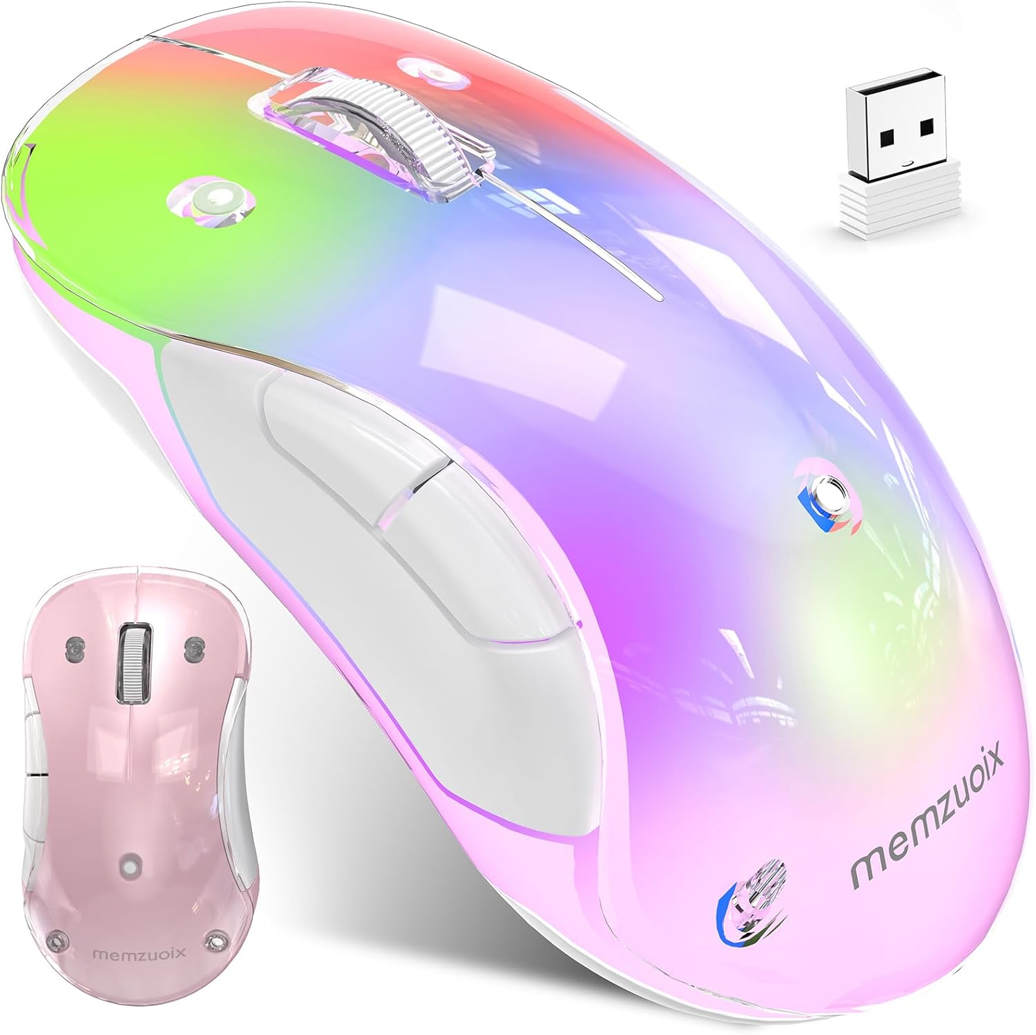 memzuoix 2.4G Aesthetic Wireless Mouse - Customizable Covers & LED Mood Lighting - Rechargeable Ergonomic Design, 5 Buttons, 1200 DPI for Office, Laptop, Mac - White