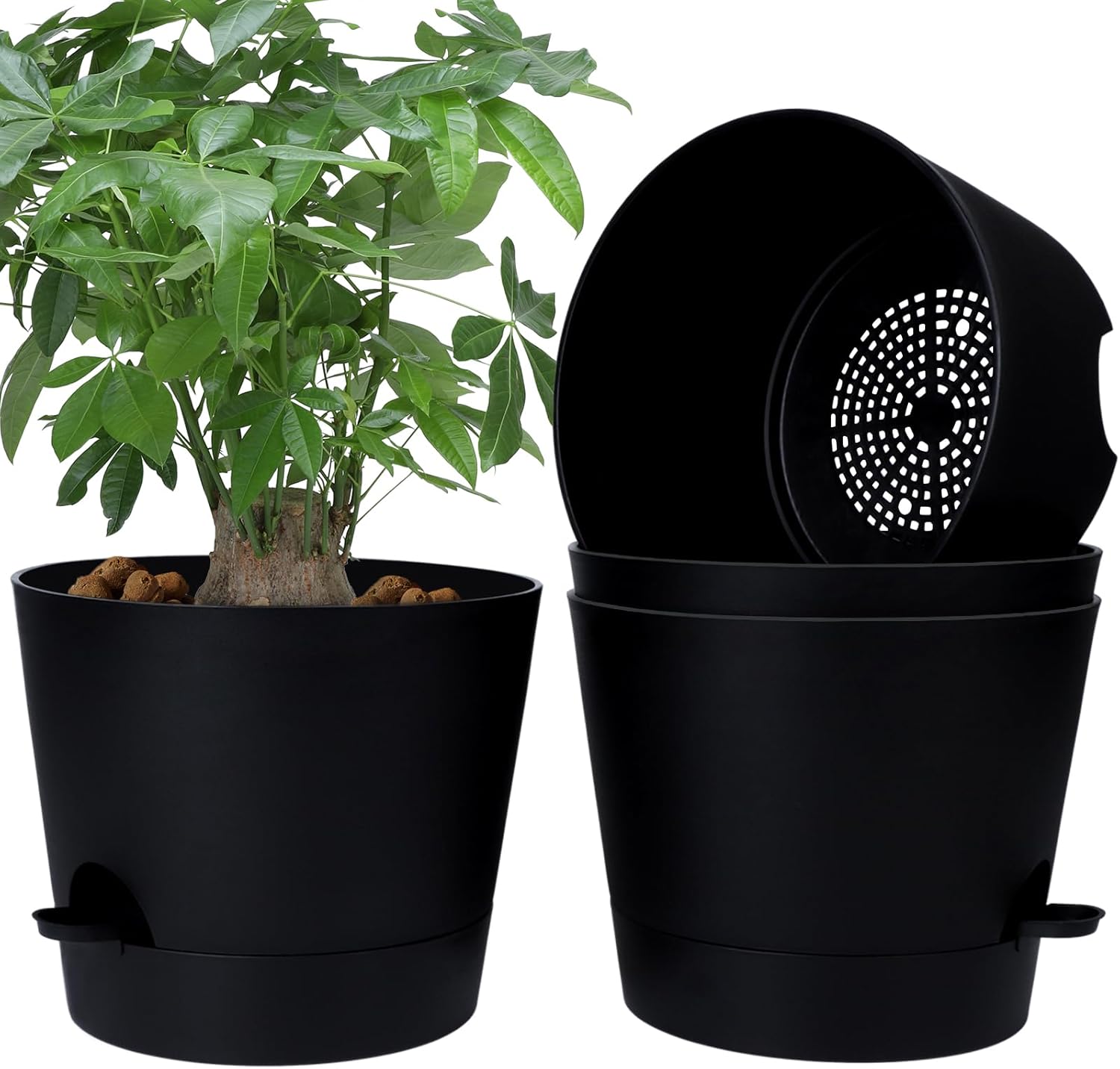 Indoor Self Watering Planters with Drainage Holes and Saucers, 8, 7, 6.5, 6, 5.5, 5 Inches, Black, 6 Pots