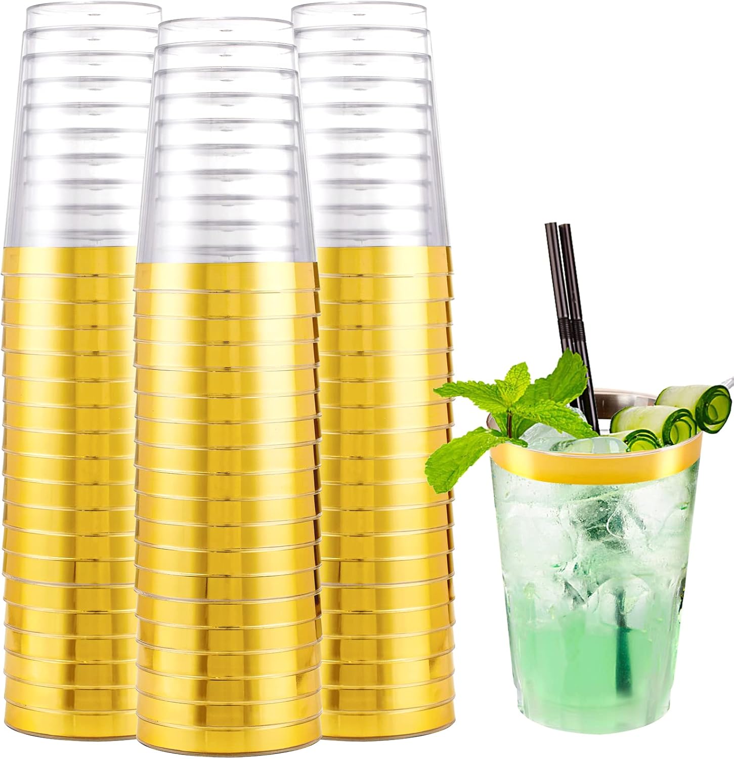 I00000 200 Pack Gold Plastic Cups, 9 Oz Elegant Clear Plastic Cups Gold Rimmed Disposable Wine Glasses Fancy Disposable Party Cup Wedding Cup Drinking Tumblers Cocktail Glasses Perfect for Party