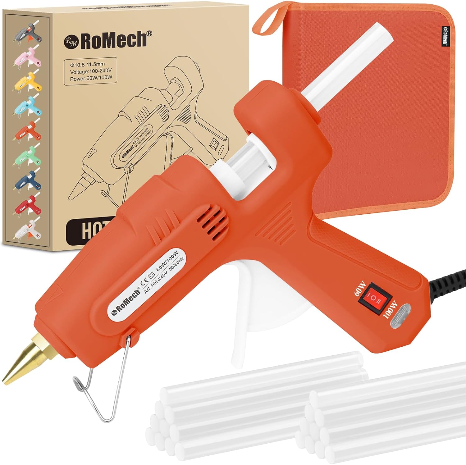 ROMECH Full Size Hot Glue Gun with 60/100W Dual Power and 21 Hot Glue Sticks (7/16"), Fast Preheating Heavy Duty Industrial Gluegun with Storage Case for Crafting, DIY and Repairs (Gray)