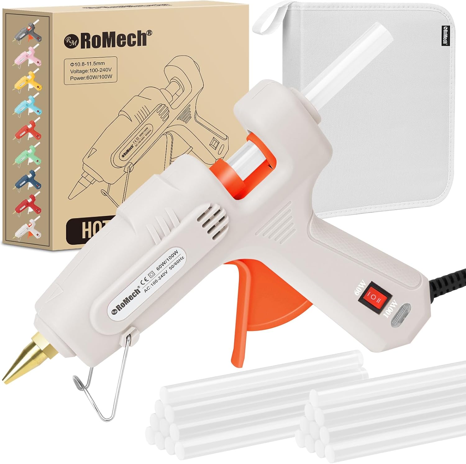 ROMECH Full Size Hot Glue Gun with 60/100W Dual Power and 21 Hot Glue Sticks (7/16"), Fast Preheating Heavy Duty Industrial Gluegun with Storage Case for Crafting, DIY and Repairs (Gray)