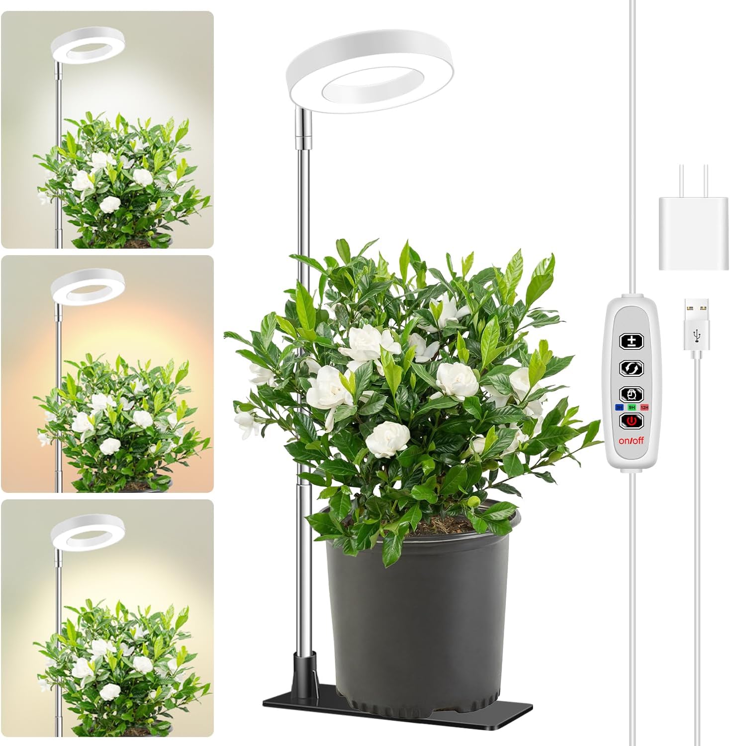 Plant Grow Light, 48 LEDs Full Spectrum Grow Lights for Indoor Plants, Height Adjustable Small Halo Grow Light with Base, 3 Optional Spectrums, Auto Timer 3/9/12Hrs, 10 Brightness, 3 Pack