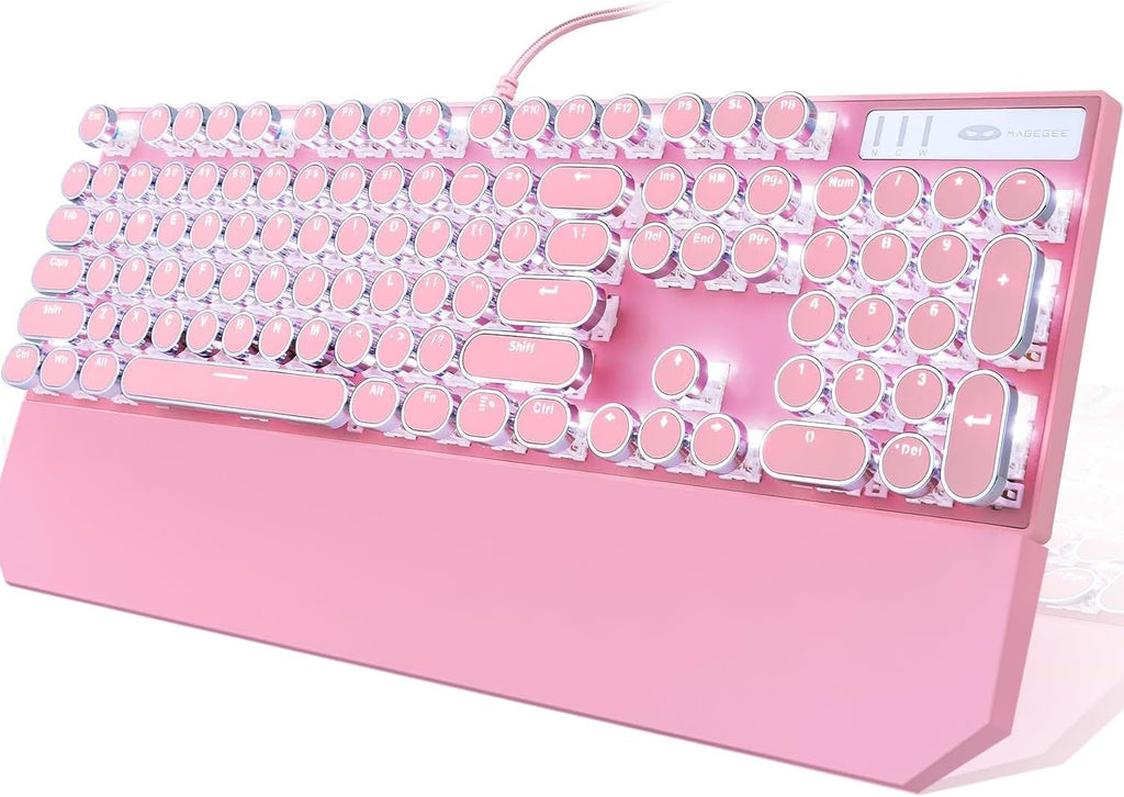 Camiysn Typewriter Style Mechanical Keyboard, Retro Punk Gaming Keyboard with Gold LED Backlit, Cute Wired Keyboards,104 Keys Full Size Keyboards, Uique Round Keycaps for Windows/Mac/PC(White&Gold)