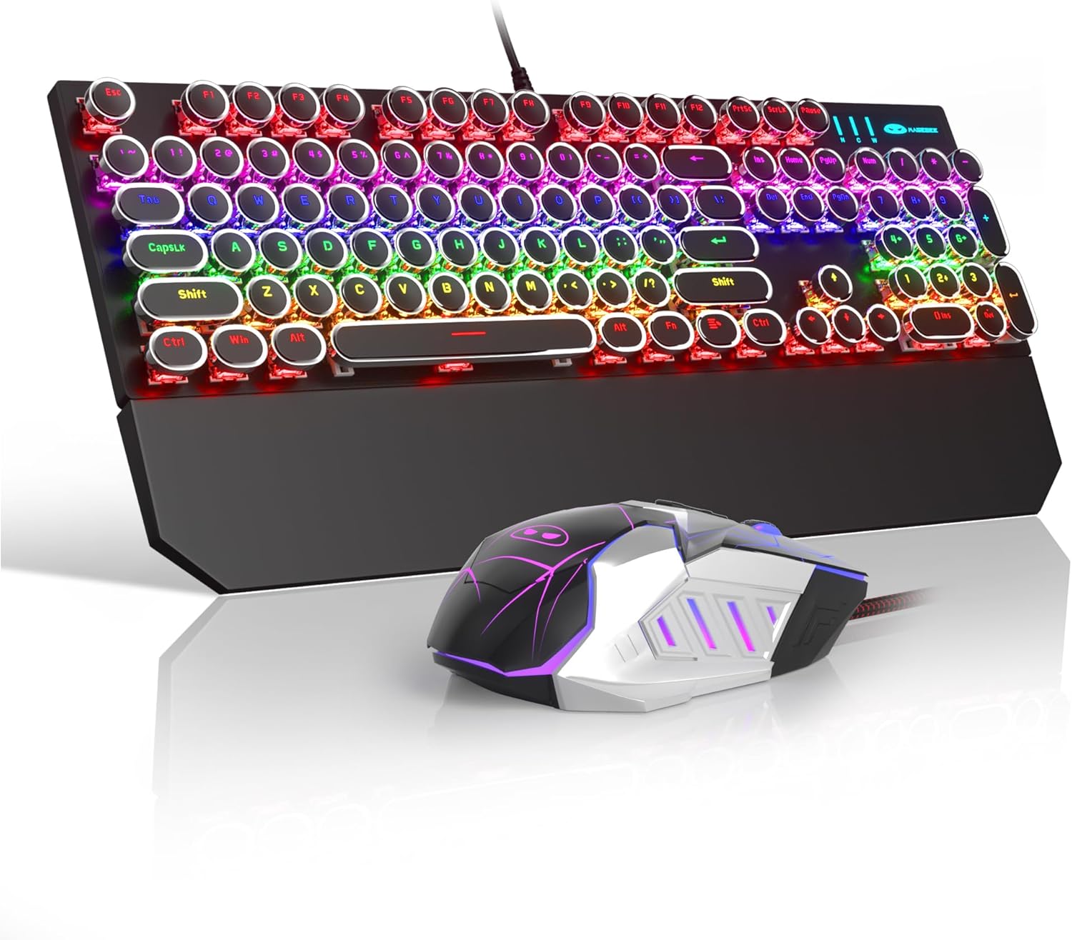 Camiysn Typewriter Style Mechanical Keyboard, Retro Punk Gaming Keyboard with Gold LED Backlit, Cute Wired Keyboards,104 Keys Full Size Keyboards, Uique Round Keycaps for Windows/Mac/PC(White&Gold)