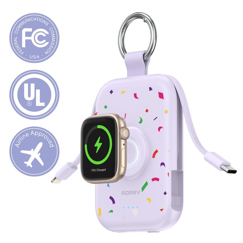 5000mAh Portable Charger with Built-in Cables and Keychain for Smartwatch and Phone