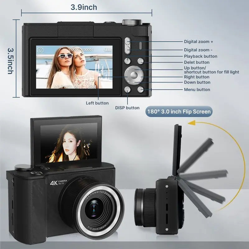 2026 Digital Camera for Photography with Foldable Screen and 32GB SD Card