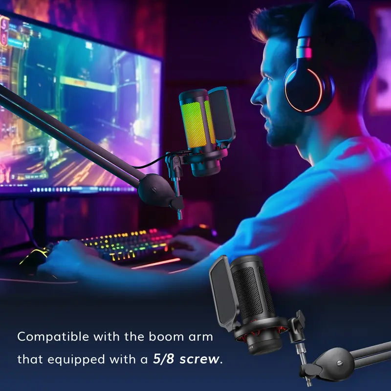 USB Condenser Streaming Gaming Microphone for PC, PS4/PS5 - RGB Lighting, 1-Tap Mute