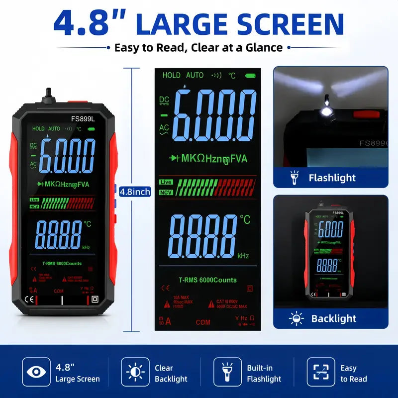 TRMS 6000-Count Digital Multimeter with 4.8-inch Color Display and USB Charging