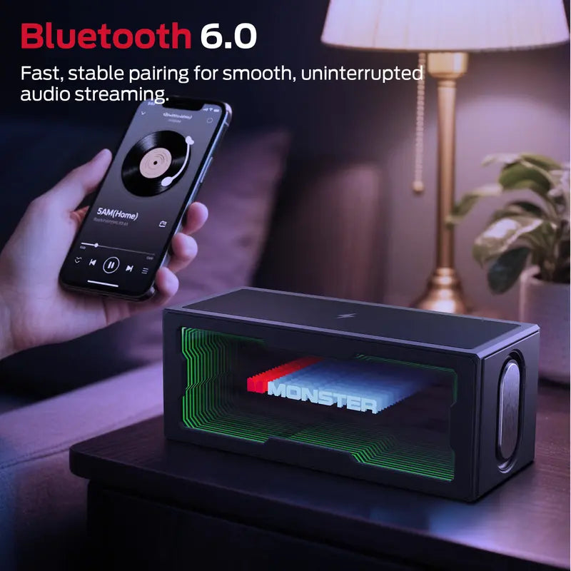 Compact Portable Bluetooth Speaker with 40W Stereo Sound, 3D LED Light Show, and Wireless Charging Station