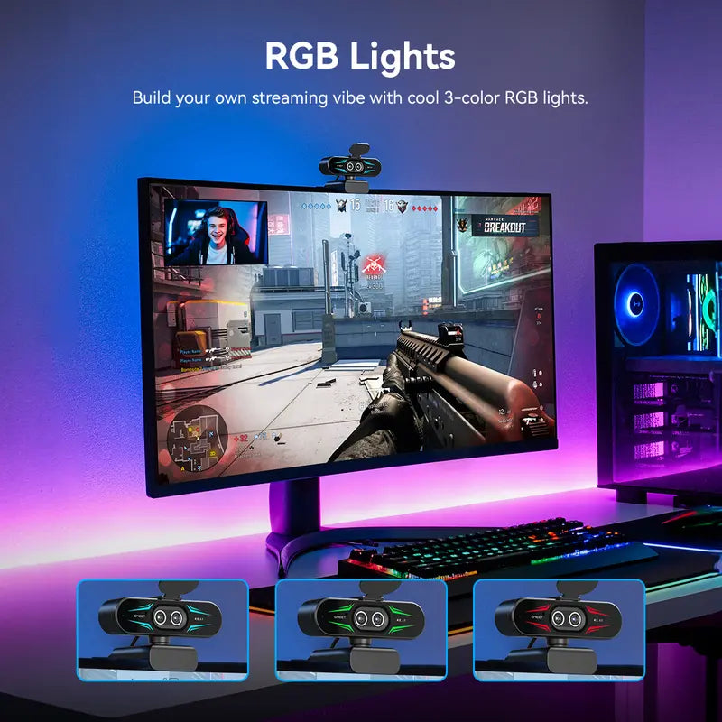 4K Dual Cam Webcam with Remote, RGB Light, 11x Zoom, Auto Focus, USB Microphone & Privacy Cover