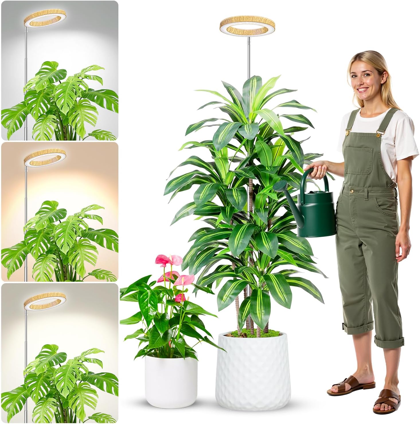 Plant Grow Light, 48 LEDs Full Spectrum Grow Lights for Indoor Plants, Height Adjustable Small Halo Grow Light with Base, 3 Optional Spectrums, Auto Timer 3/9/12Hrs, 10 Brightness, 3 Pack