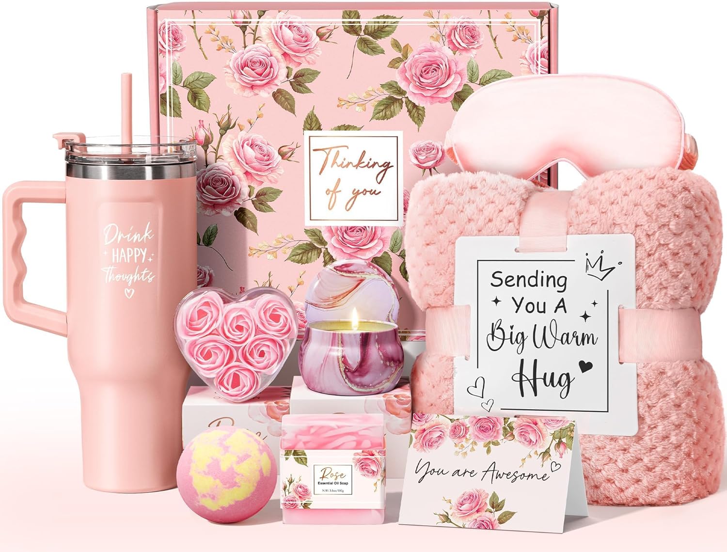 Birthday Gifts for Women Self Care Get Well Soon Gifts, Rose Relaxing Spa Bath Gift Basket Care Package w/ Flannel Blanket 40 OZ Tumbler, Mother's Day Gift for Mom Her Wife Girlfriend Grandma Sister