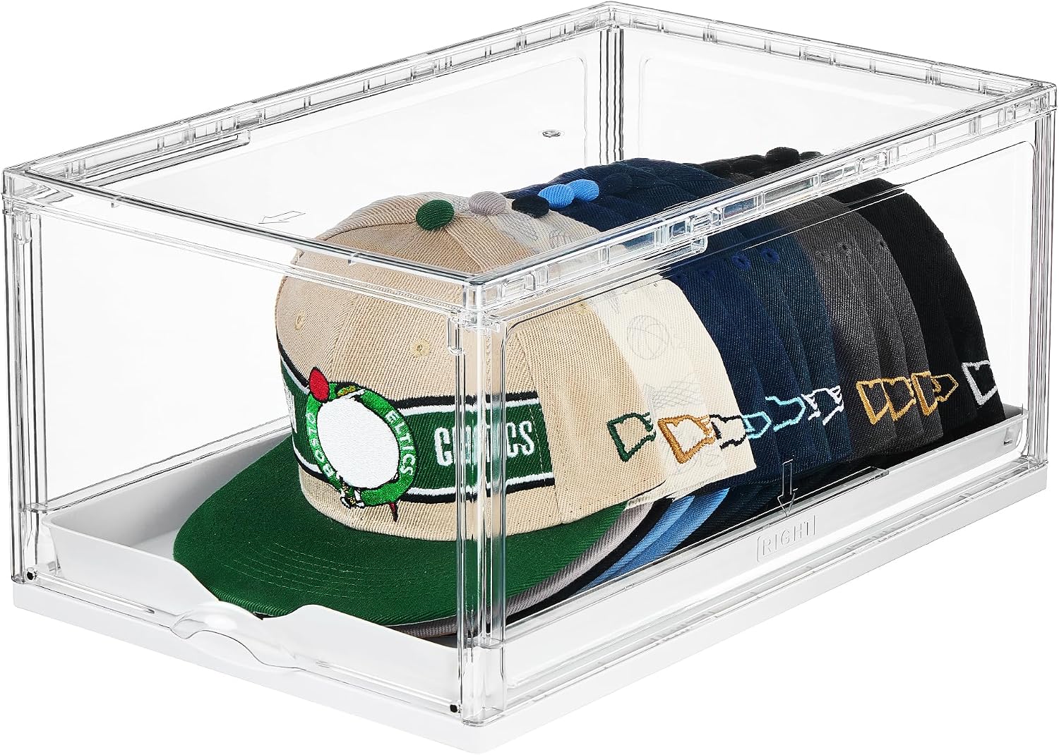 2 Pack Clear Hat Organizer Drawer for Baseball Caps, Stackable Display Case with Magnetic Door