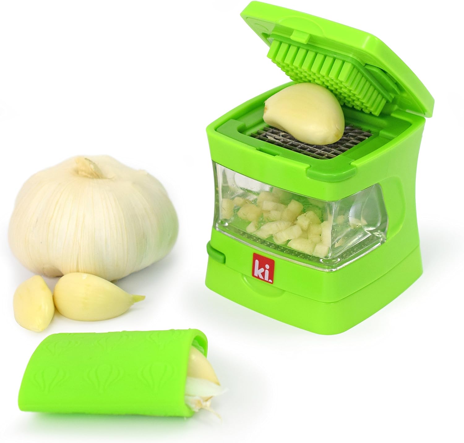 Garlic-A-Peel Garlic Press, Crusher, Cutter, Mincer, and Storage Container - Includes Silicone Garlic Peeler - Easy to Clean - Stainless Steel Blades – (Cream), standard