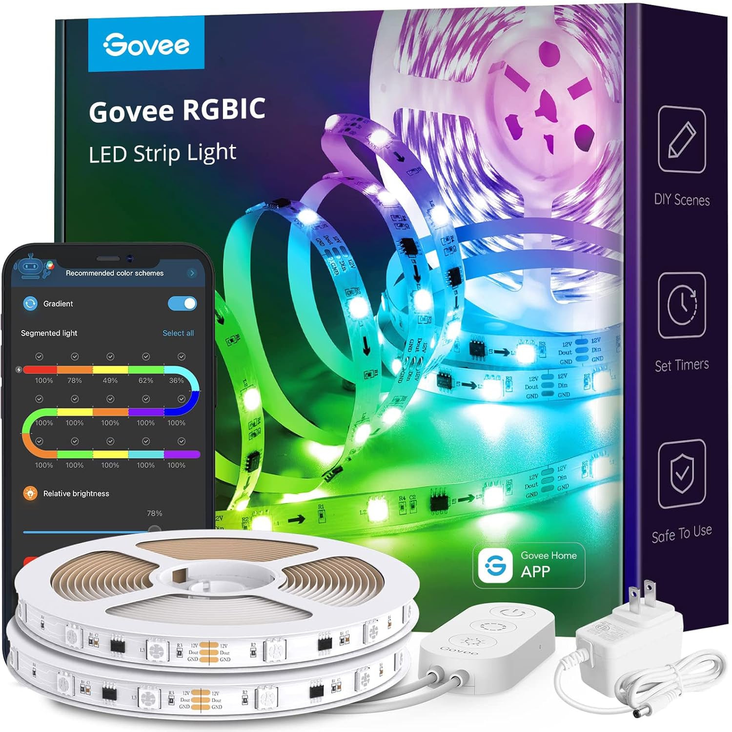 Govee 65.6ft RGBIC LED Strip Lights, Color Changing LED Strips, App Control via Bluetooth, Smart Segmented Control, Multiple Scenes, Enhanced Music Sync LED Lights for Bedroom, Home Decor (2 X 32.8ft)