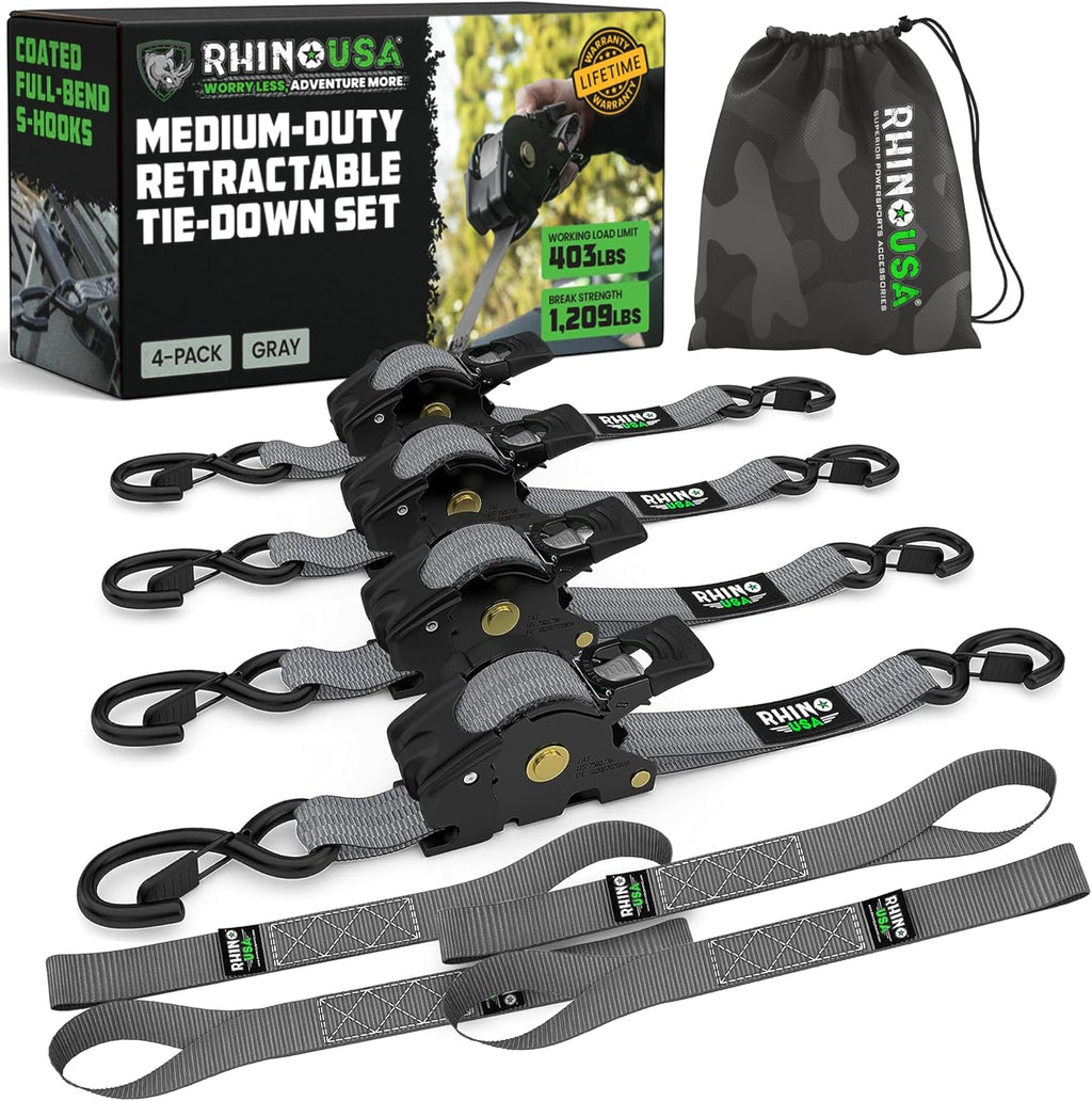 Retractable Ratchet Straps (2-Pack) - 1 Inch x 10 Feet with Auto Self Retracting Feature