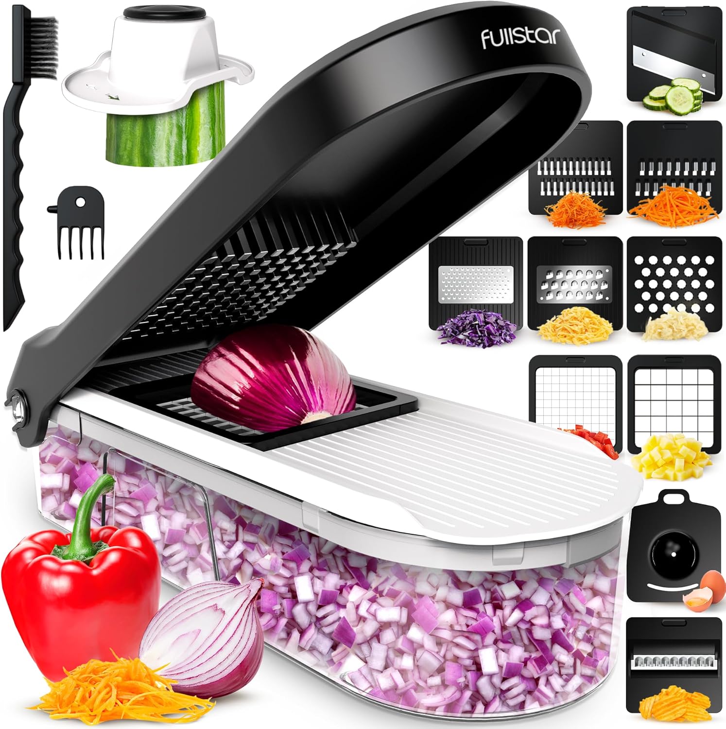 Fullstar Mandoline Slicer for Kitchen - Vegetable Chopper, Onion Potato Food Veggie Fruit Slicer and Cutter with Container, Kitchen Gadgets & Gifts, Home Essentials (All-in-1, White/Black)