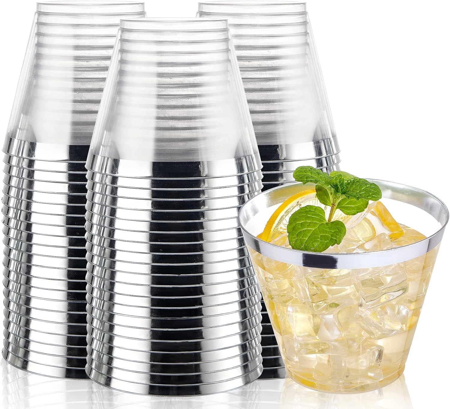 I00000 200 Pack Gold Plastic Cups, 9 Oz Elegant Clear Plastic Cups Gold Rimmed Disposable Wine Glasses Fancy Disposable Party Cup Wedding Cup Drinking Tumblers Cocktail Glasses Perfect for Party