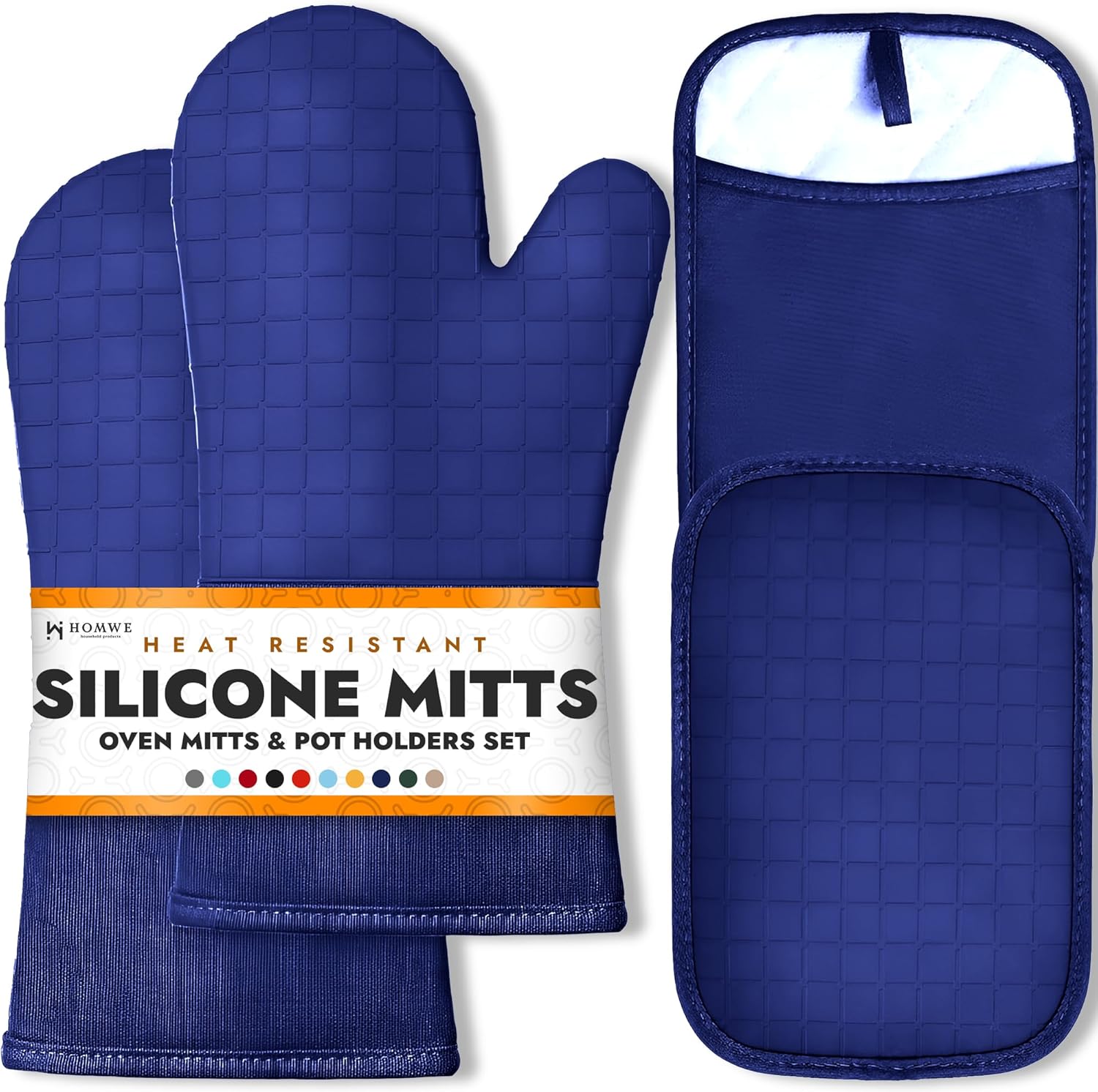 BPA-Free Soft Silicone 4 Piece Oven Mitts & Trivets Set - Ultra Heat Resistant Oven Mitts with Thick Cotton Liner - Long Slip Resistant Pot Holders, Flexible Oven Gloves - Royal Blue