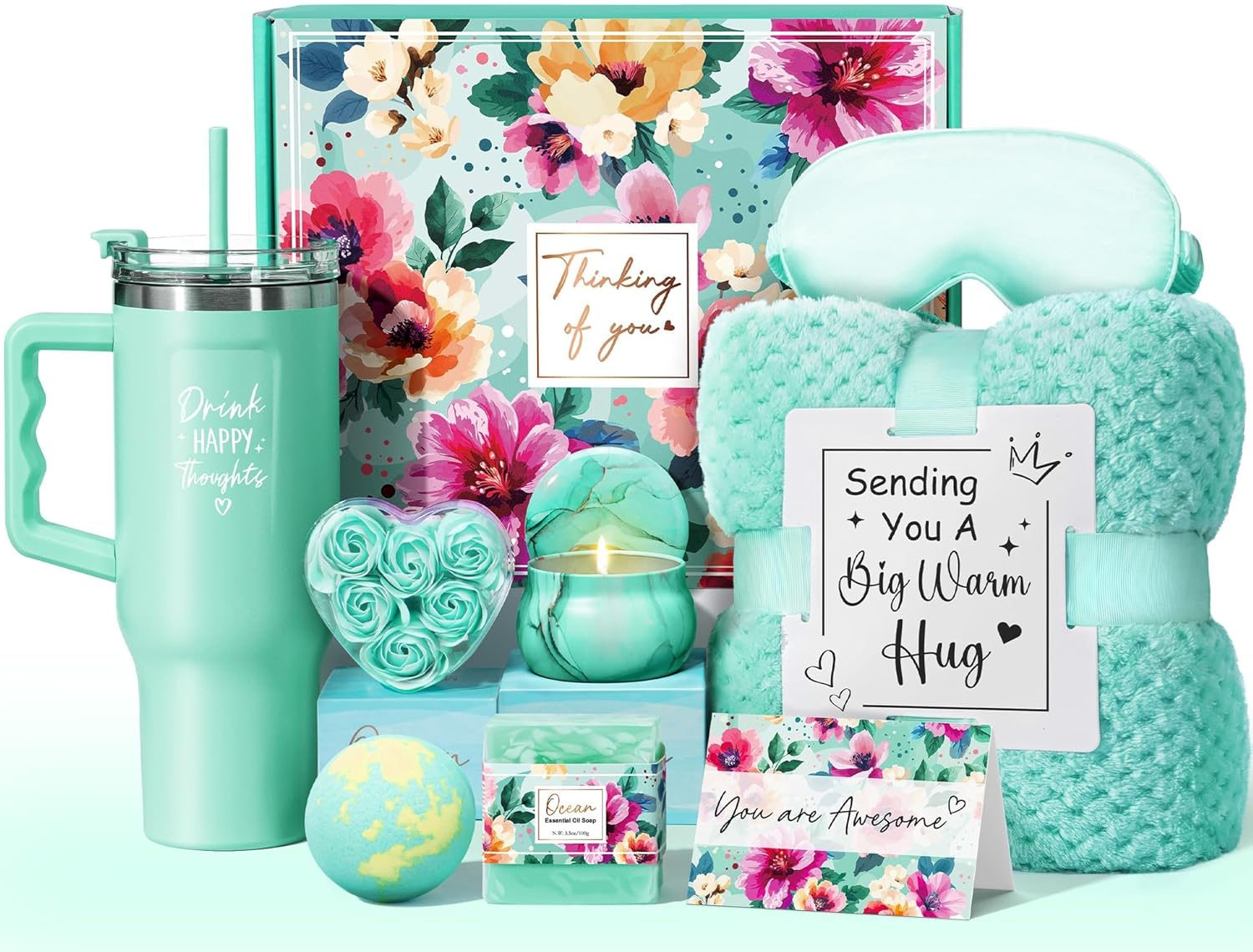 Birthday Gifts for Women Self Care Get Well Soon Gifts, Rose Relaxing Spa Bath Gift Basket Care Package w/ Flannel Blanket 40 OZ Tumbler, Mother's Day Gift for Mom Her Wife Girlfriend Grandma Sister