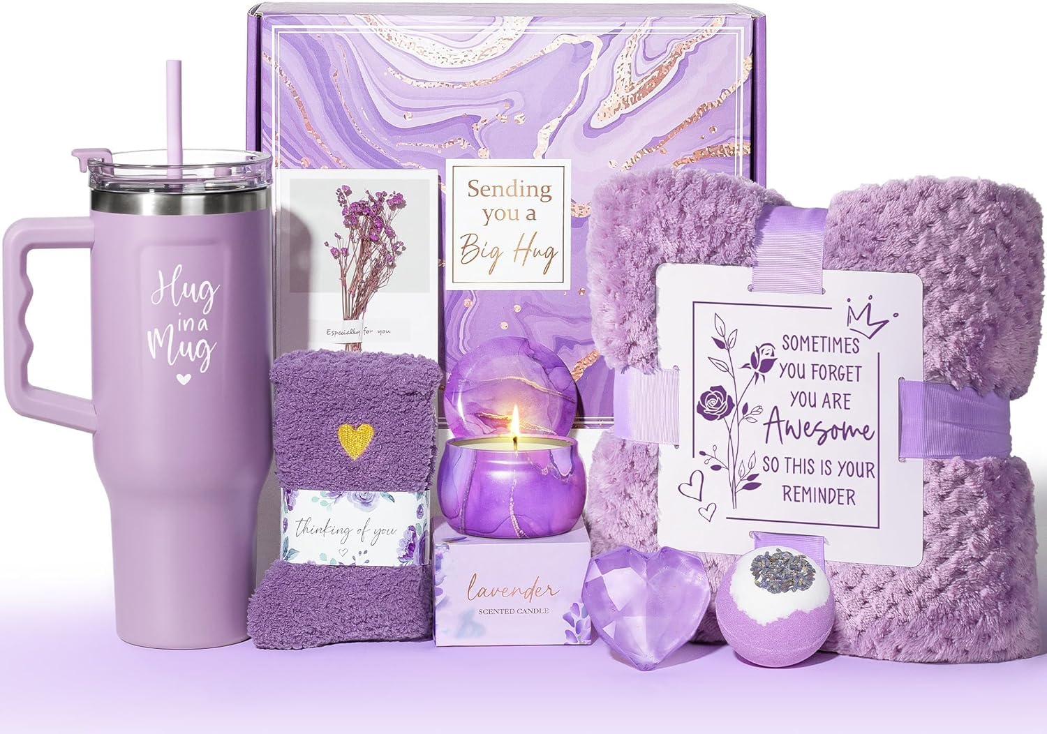 Birthday Gifts for Women Self Care Get Well Soon Gifts, Rose Relaxing Spa Bath Gift Basket Care Package w/ Flannel Blanket 40 OZ Tumbler, Mother's Day Gift for Mom Her Wife Girlfriend Grandma Sister